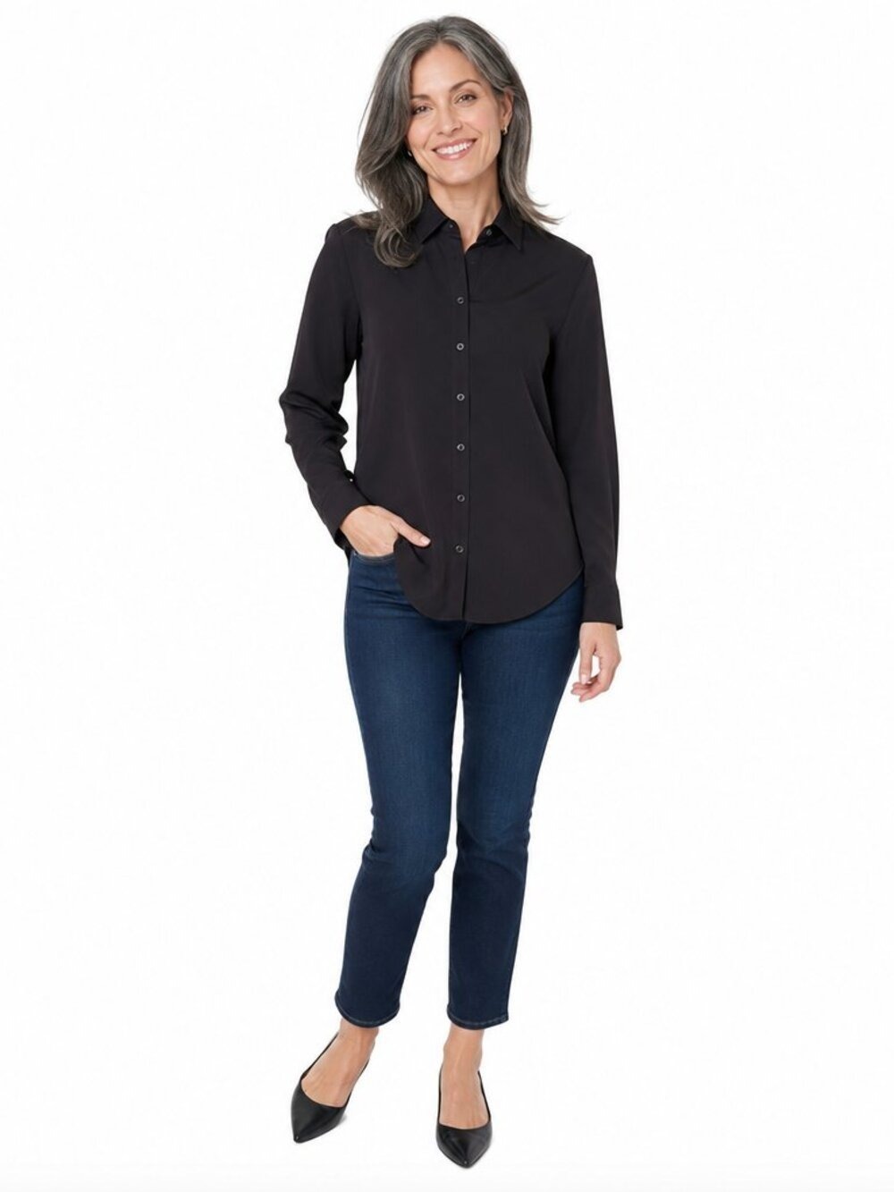 Chico’s No Iron Black Button Up Shirt w/ Jeweled Buttons – Size 3 (L 16)